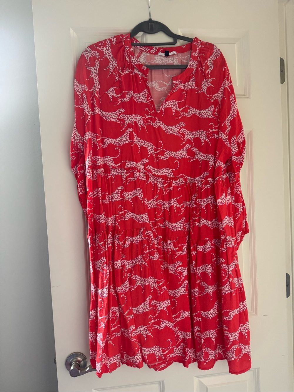 Red Printed V-Neck Tiered Casual Dress